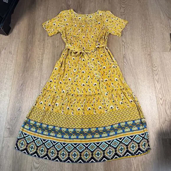 Natura Yellow Floral Boho Maxi Dress XS Tribal Border Hem - Picture 10 of 12